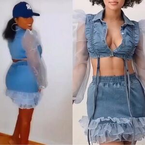 Retro Denim Ruffled Skirt Set with Sheer Accents